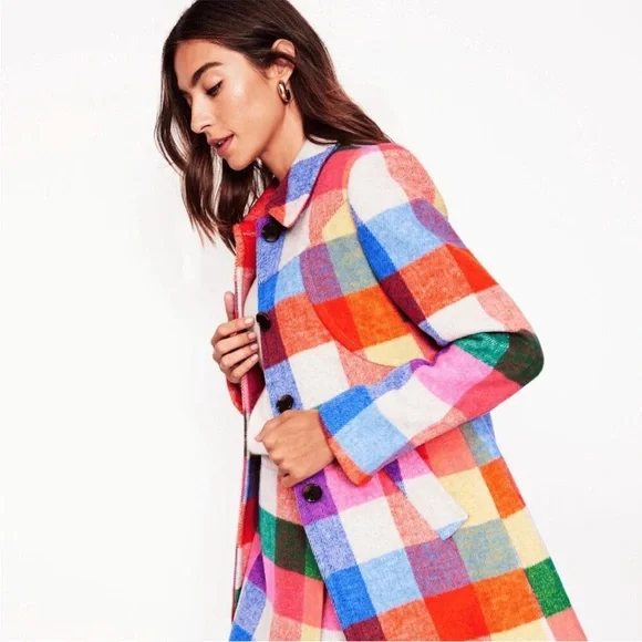 Boden Lincoln wool check coat multi color rainbow checkered coat jacket NWOT - Picture 7 of 11